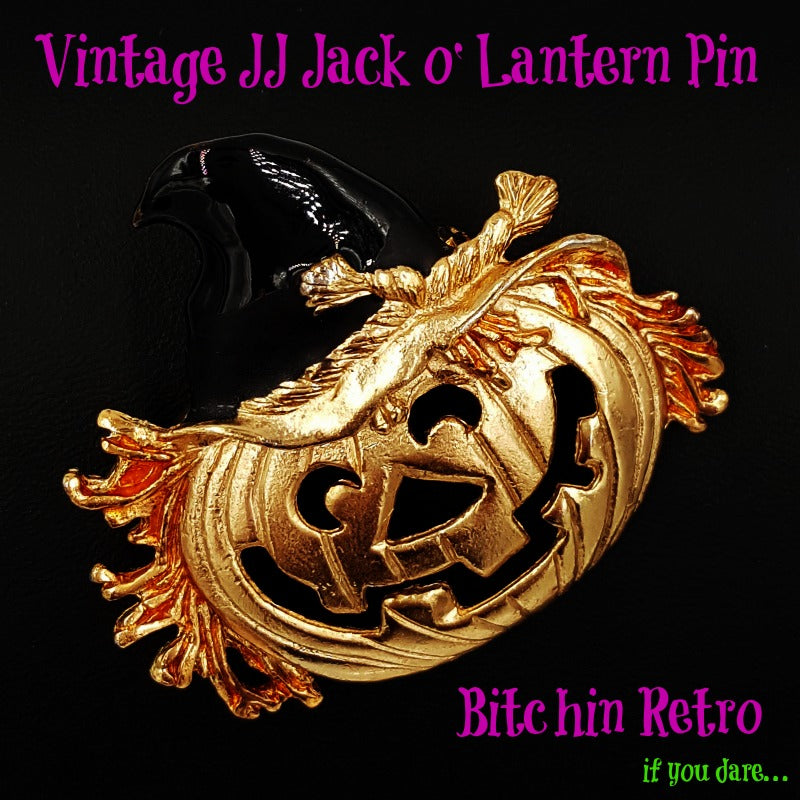 JJ Halloween Pumpkin Vintage Brooch or Jack O Lantern with Witches