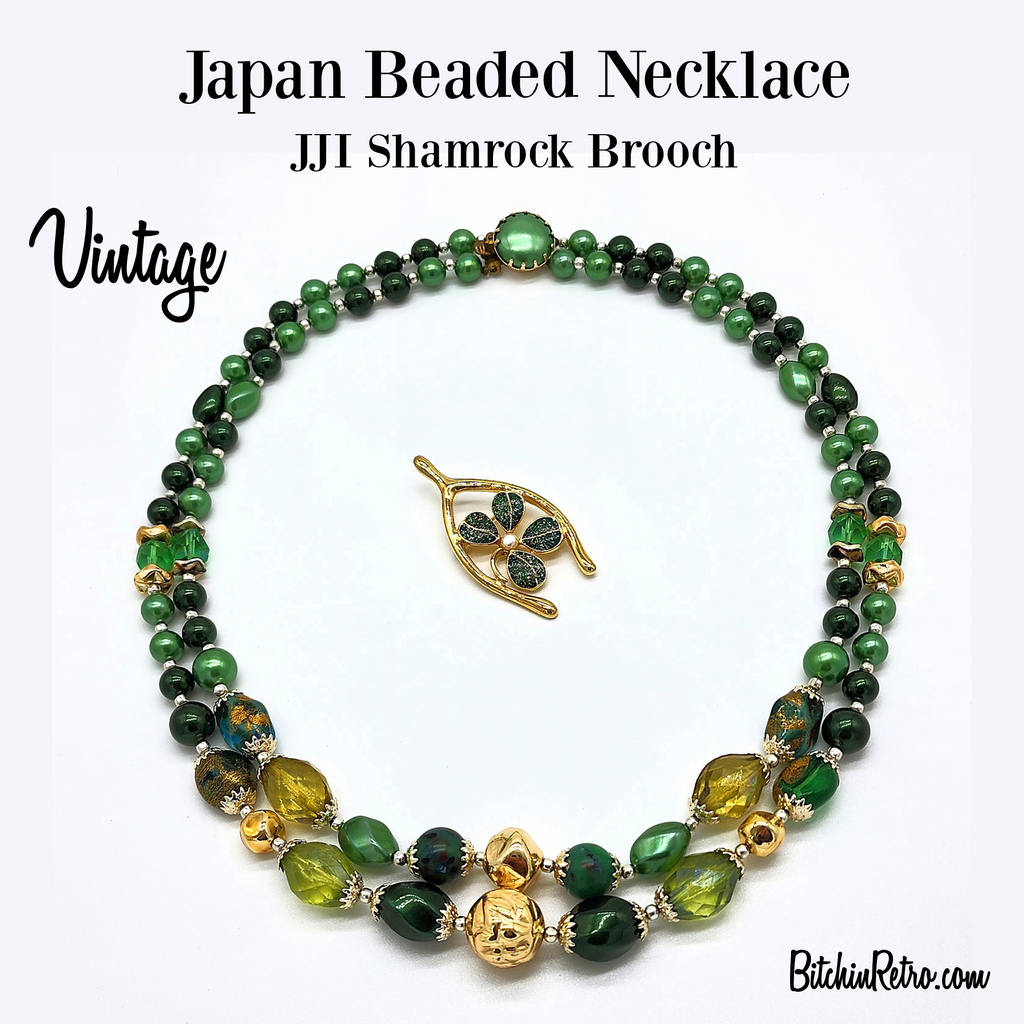 Vintage Japan Beaded Necklace with JJI Lucky Shamrock Brooch | Bitchin