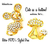 Retro Styled 1970's Styled Mushroom and Mouse Pins at bitchinretro.com