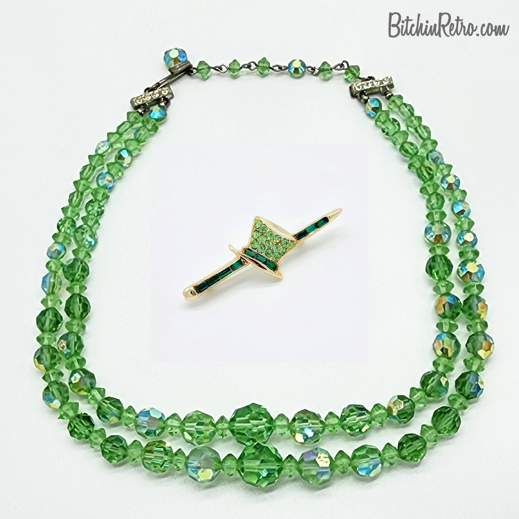 Vintage Green Glass Beaded Necklace and Top Hat Rhinestone Brooch at BitchinRetro.com