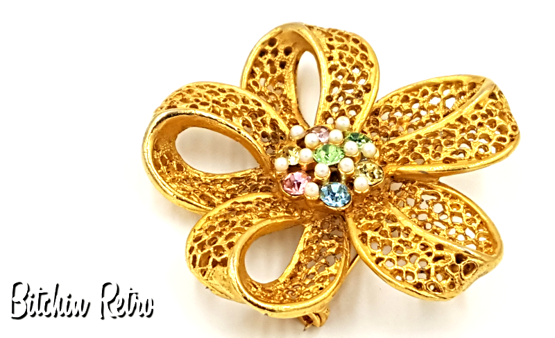 BSK Vintage Filigree Brooch with Pastel Rhinestones and Faux
