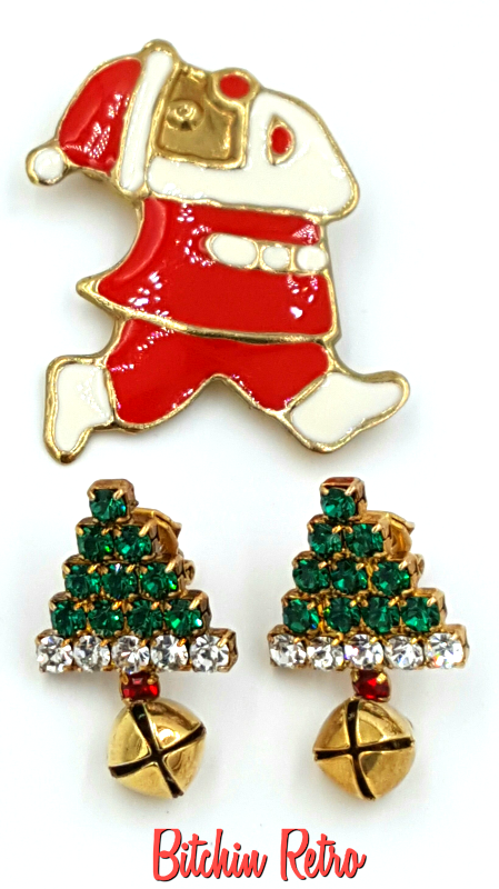 Santa Claus Pin and Rhinestone Christmas Tree Earrings Set