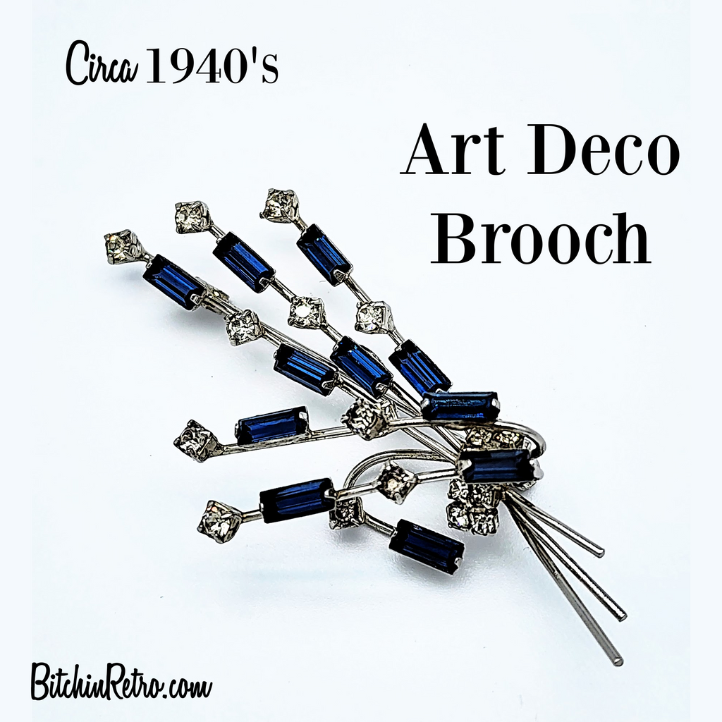 Vintage 1940's Art Deco Style Blue Baguette Rhinestone Brooch available for sale at BitchinRetro.com.