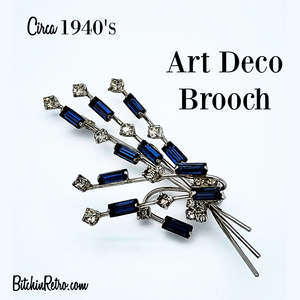 Vintage 1940's Art Deco Style Blue Baguette Rhinestone Brooch available for sale at BitchinRetro.com.