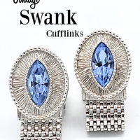 Swank Vintage Mesh Wrap Cufflinks with Blue Marquise Rhinestone