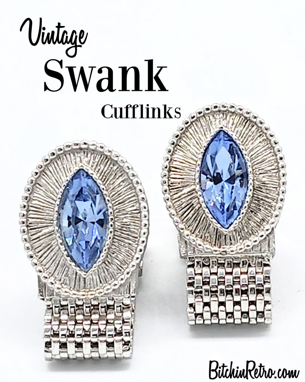 Swank Vintage Mesh Wrap Cufflinks with Blue Marquise Rhinestone