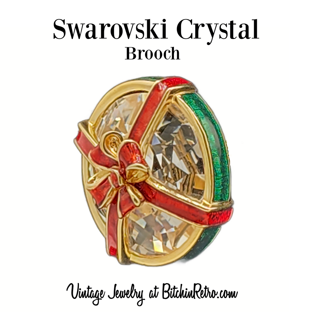 Swarovski Crystal Christmas Gift Brooch at BitchinRetro.com