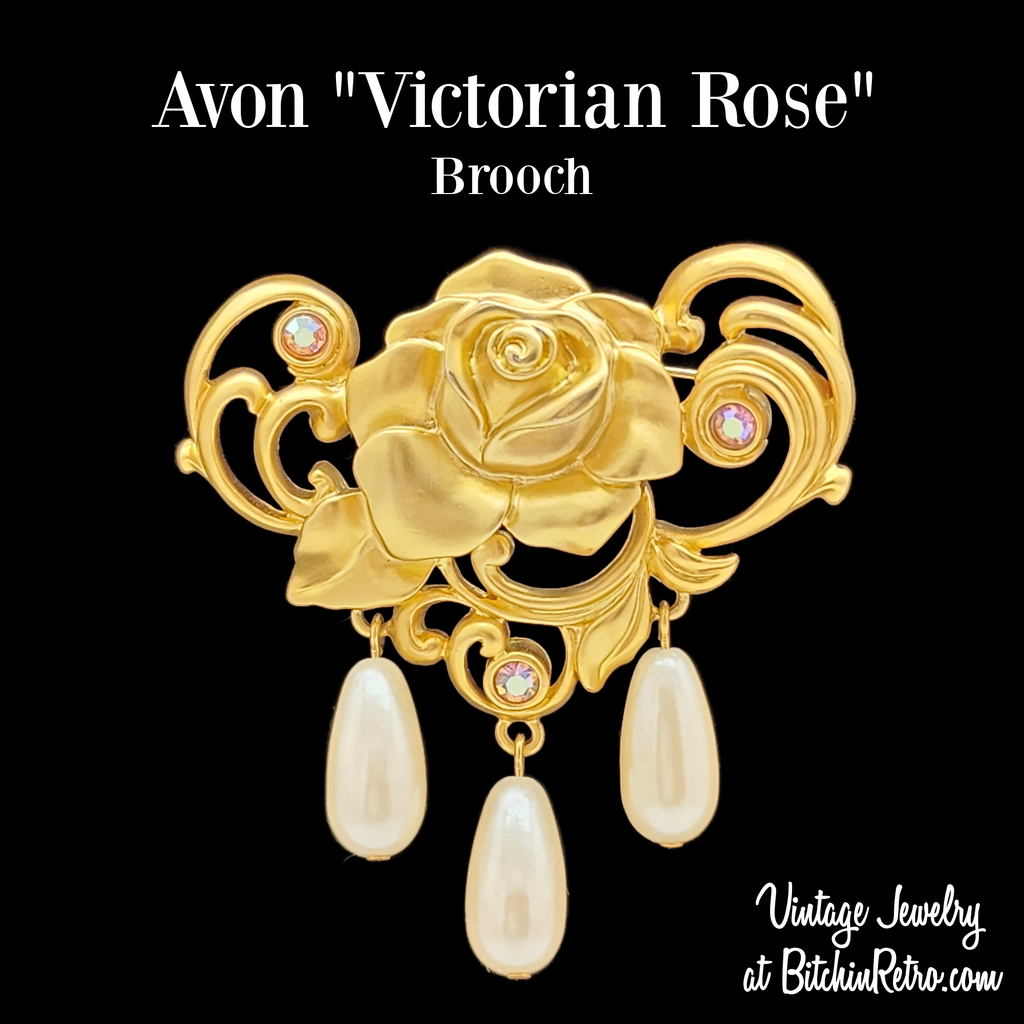 Vintage Avon Art Nouveau Rose Brooch With Pearl Drops for Sale at BitchinRetro.com