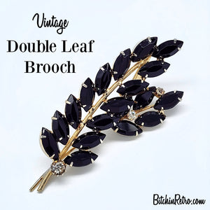 Black Navette Double Leaf Vintage Rhinestone Brooch