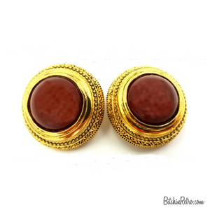 Ginnie Johansen Vintage Egyptian Revival Earrings With Brick Red Cabochon