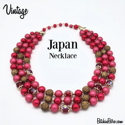 Vintage Hot Pink Beaded necklace from Japan for sale at BitchinRetro.com