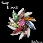 Vintage Milk Glass and Pastel Rhinestone Pinwheel Brooch for Sale at BitchinRetro.com