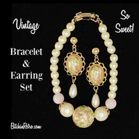 Vintage Faux Pearl and Earring Set with Floral Cloisonne Overlays at BitchinRetro.com