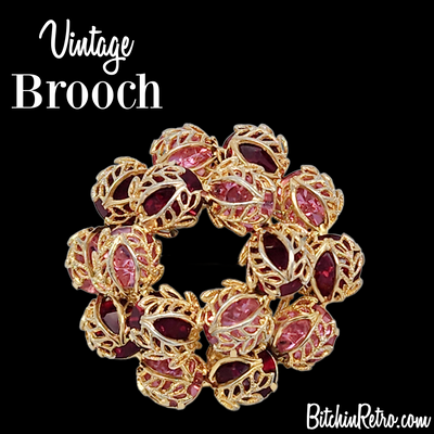 Vintage Red and Pink Rhinestone and Filigree Brooch for Sale at BitchinRetro.com
