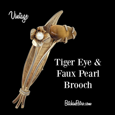 Vintage Tiger Eye and Faux Pearl Brooch for sale at BitchinRetro.com