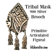 Tribal Mask Brooch 900 Silver Primitive Articulated Figural at bitchinretro.com