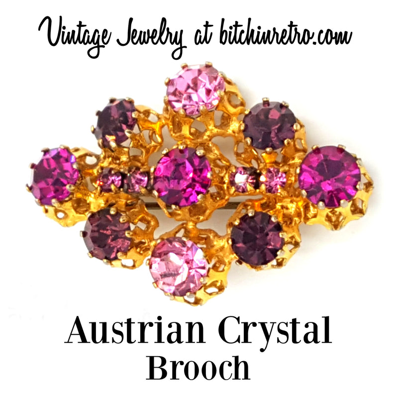 Austrian Crystal Vintage Brooch with Amazing Pink and Purple 