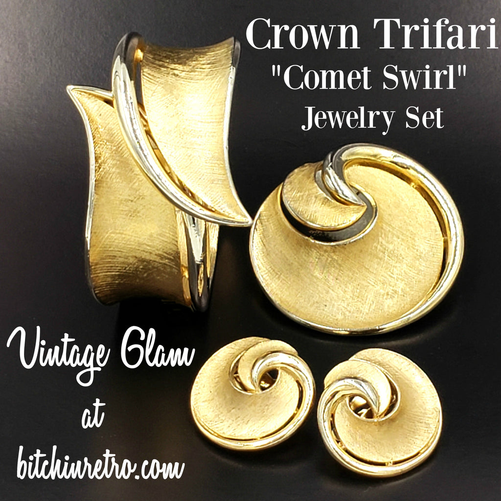 Crown Trifari Comet Swirl Jewelry Set Vintage Glam at bitchinretro.com