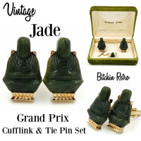 Grand Prix Vintage Jade Cufflink and Tie Pin Set at bitchinretro.com