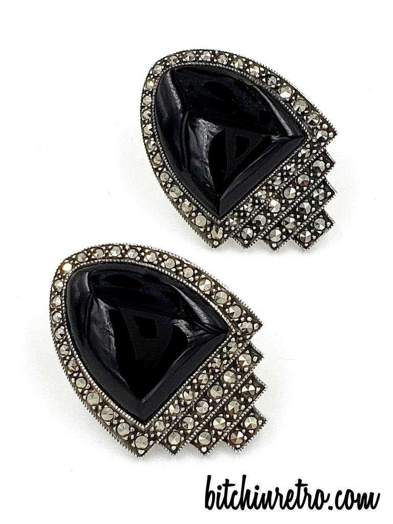 Judith Jack Sterling Silver, Onyx and Marcasite Earrings With Art