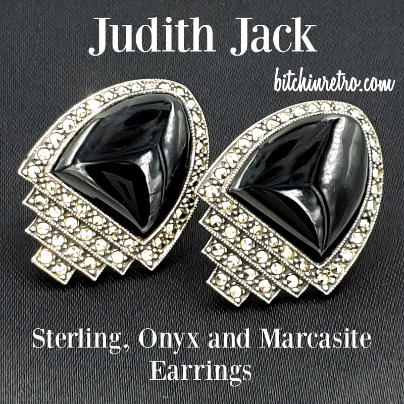 Judith Jack Sterling Silver Onyx and Marcasite Earrings With Art Deco Bitchin Retro