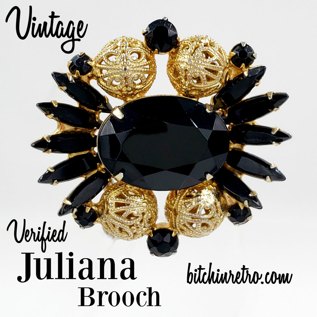 Juliana by Delizza & Elster Bracelet Gold Tone Black AB Rhinestones 7.25  Vtg