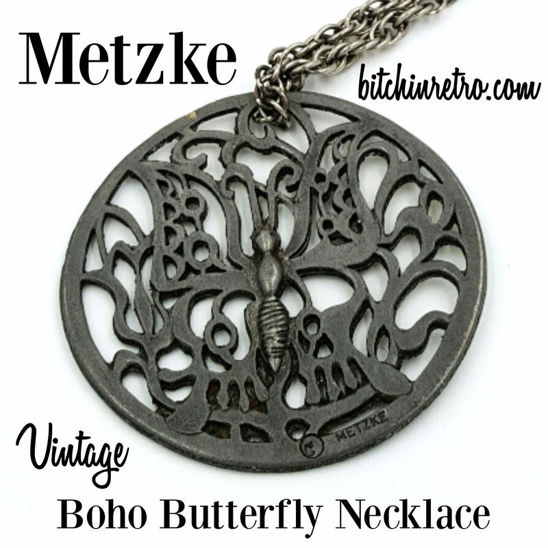 Metzke Pewter Butterfly Necklace Bohemian Gpysy Retro Circular Pendant Bitchin Retro