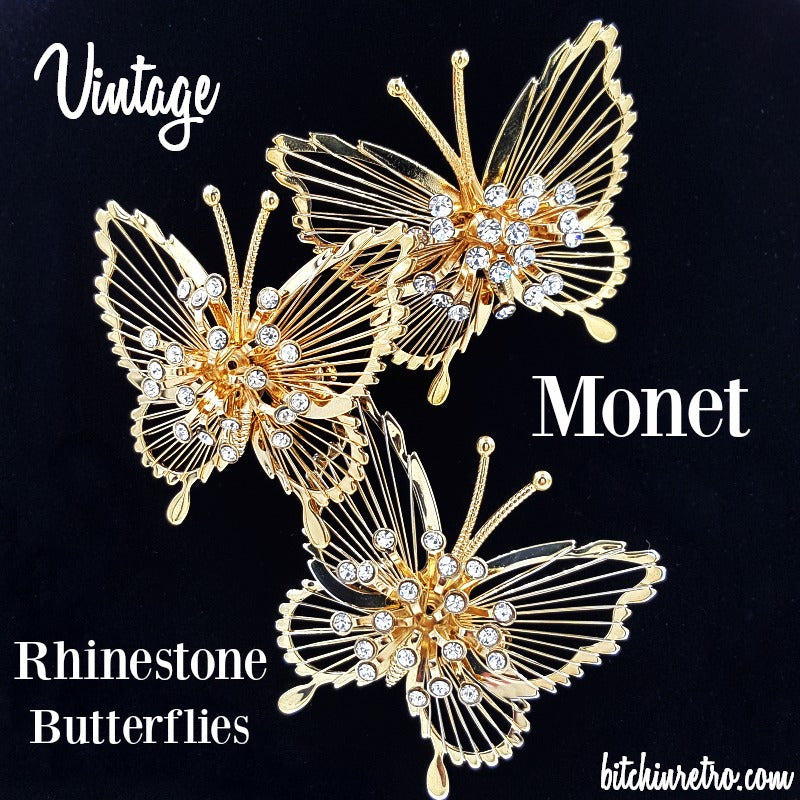 Monet Vintage Rhinestone Butterfly Brooch Set at bitchinretro.com