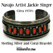 Navajo Artist Jackie Singer Sterling Silver and Coral Bracelet Circa 1970's at bitchinretro.com