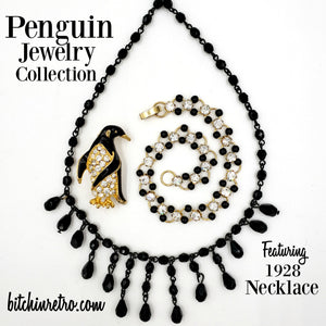 Penguin Brooch and 1928 Necklace Jewelry Ensemble at bitchinretro.com