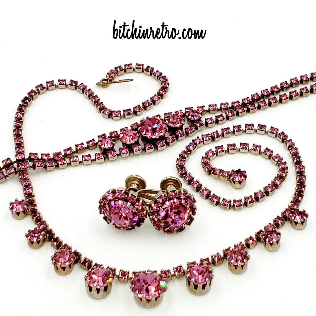 Pink Rhinestone Vintage Jewelry Parure With Necklace Bracelet and Earrings at bitchinretro.com