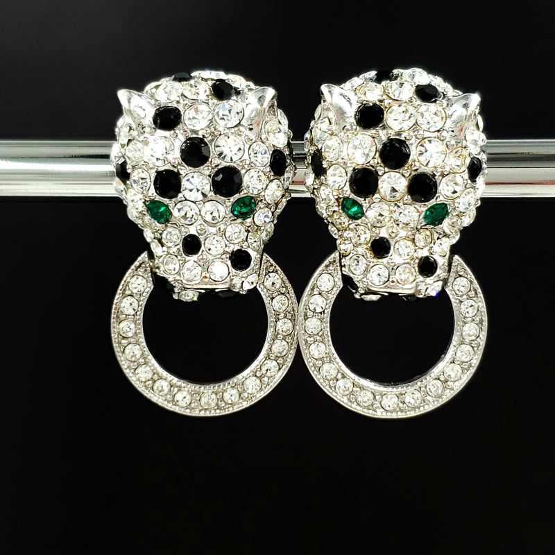 Kenneth Jay Lane Rhinestone Panther Earrings, Designer Door