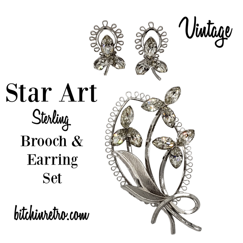 Star Art Vintage Sterling Silver Brooch Earring Set Bitchin Retro