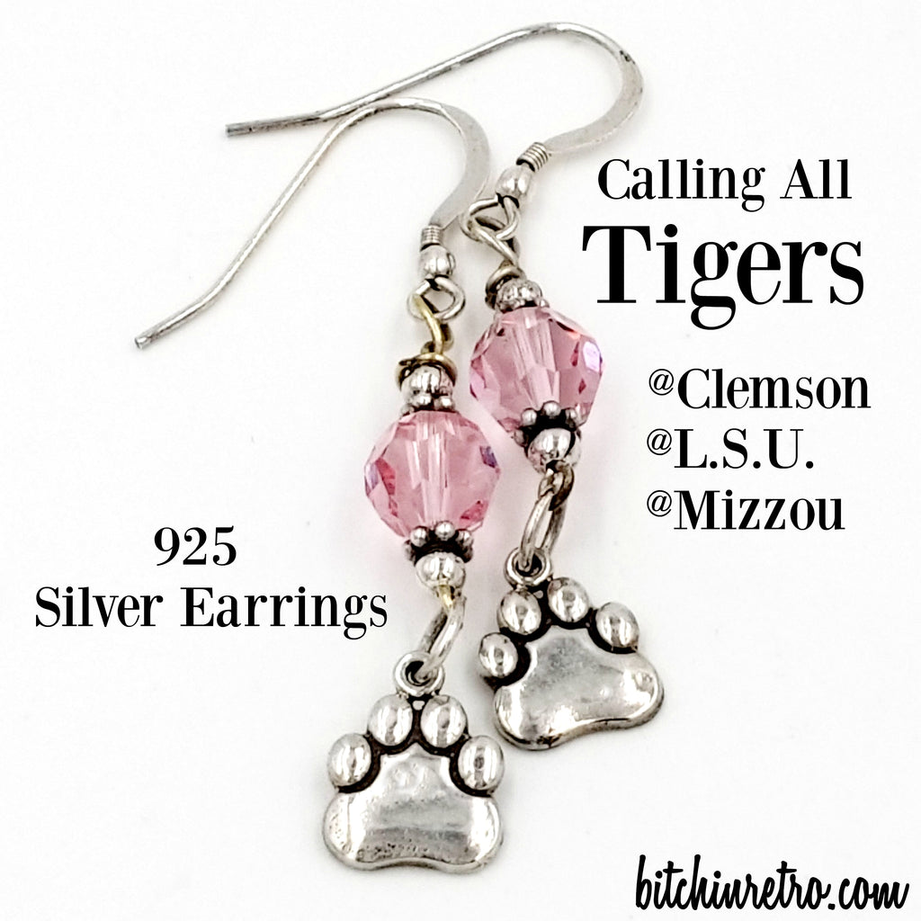 Calling all tigers - Clemson, LSU, Mizzou. 925 Silver Paw Print Earrings at bitchinretro.com