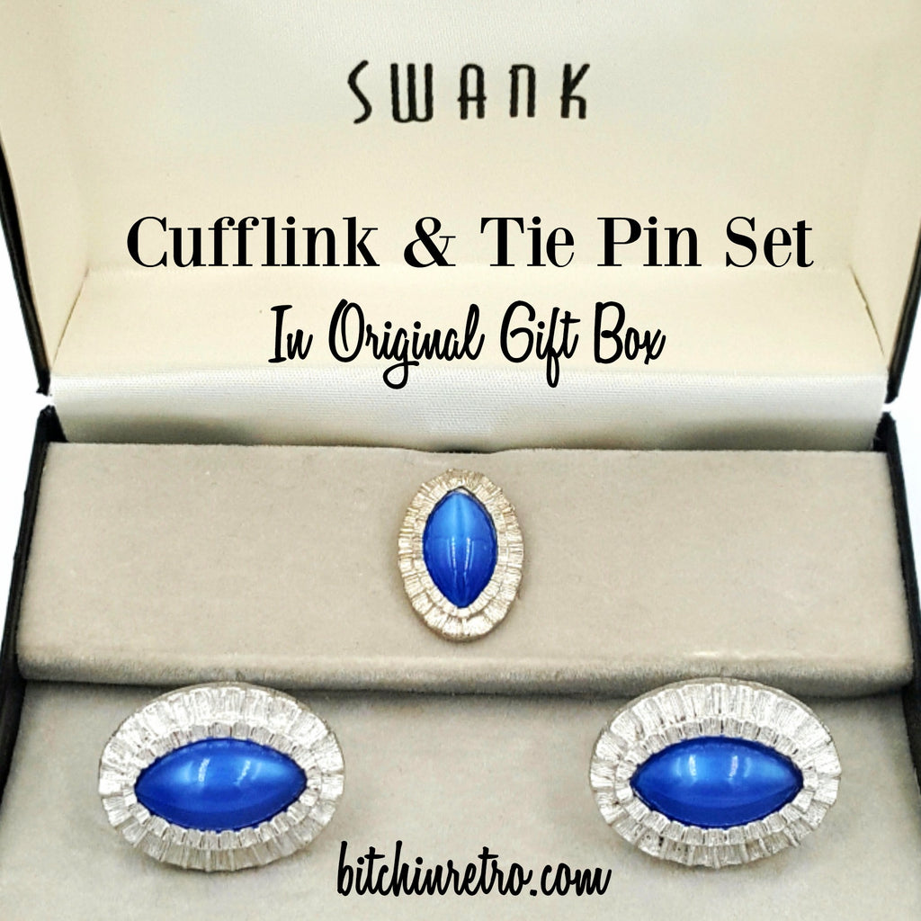 Swank Cufflink and Tie Pin Vintage Set With Original Box Blue