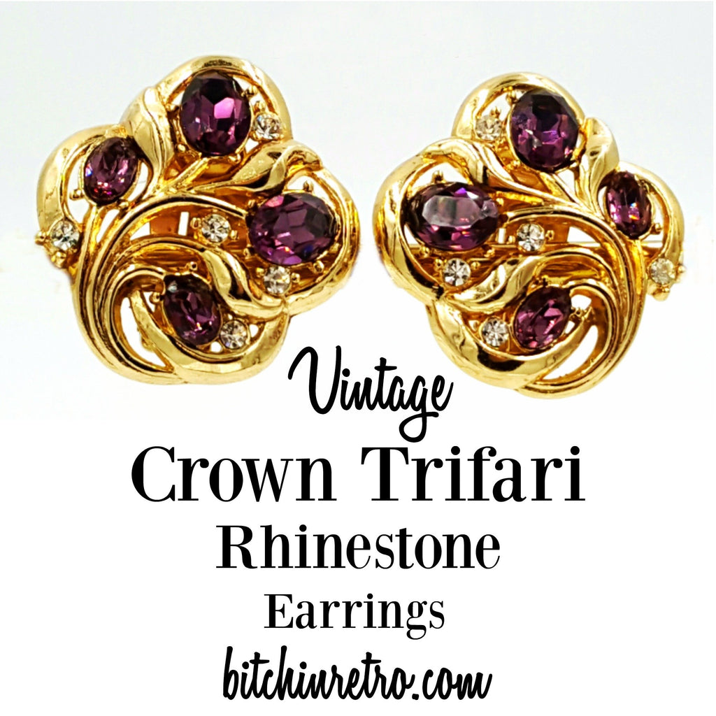 Crown Trifari Vintage Earrings Royal Purple Rhinestones Retro