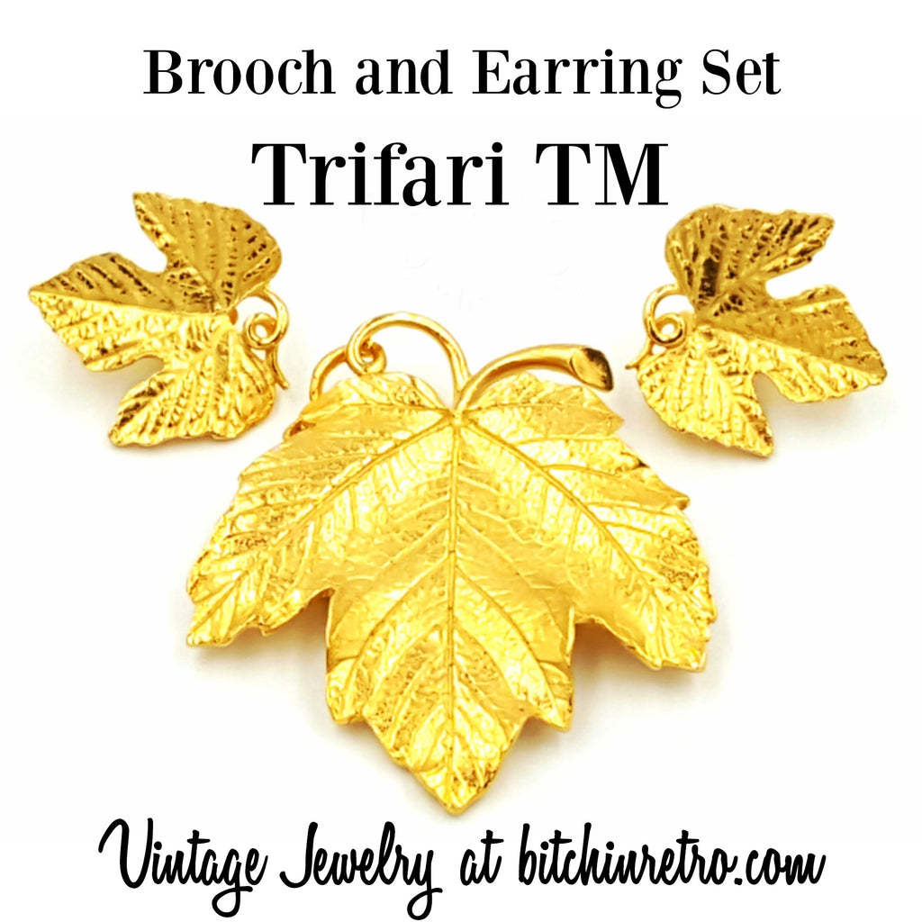 Trifari TM Vintage Leaf Brooch and Earring Set at bitchinretro.com