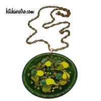 Vintage 1970's Enameled Pendant Necklace in Avocado Greens at bitchinretro.com