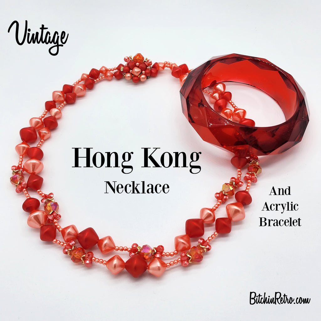 Vintage Hong Kong Beaded Necklace With Acrylic Bracelet at BitchinRetro.com