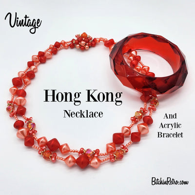 Vintage Hong Kong Beaded Necklace With Acrylic Bracelet at BitchinRetro.com