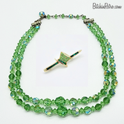 Vintage Green Glass Beaded Necklace and Top Hat Rhinestone Brooch at BitchinRetro.com