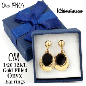 CM 1/20 12 KT Gold Filled Onyx Vintage Earrings at bitchinretro.com