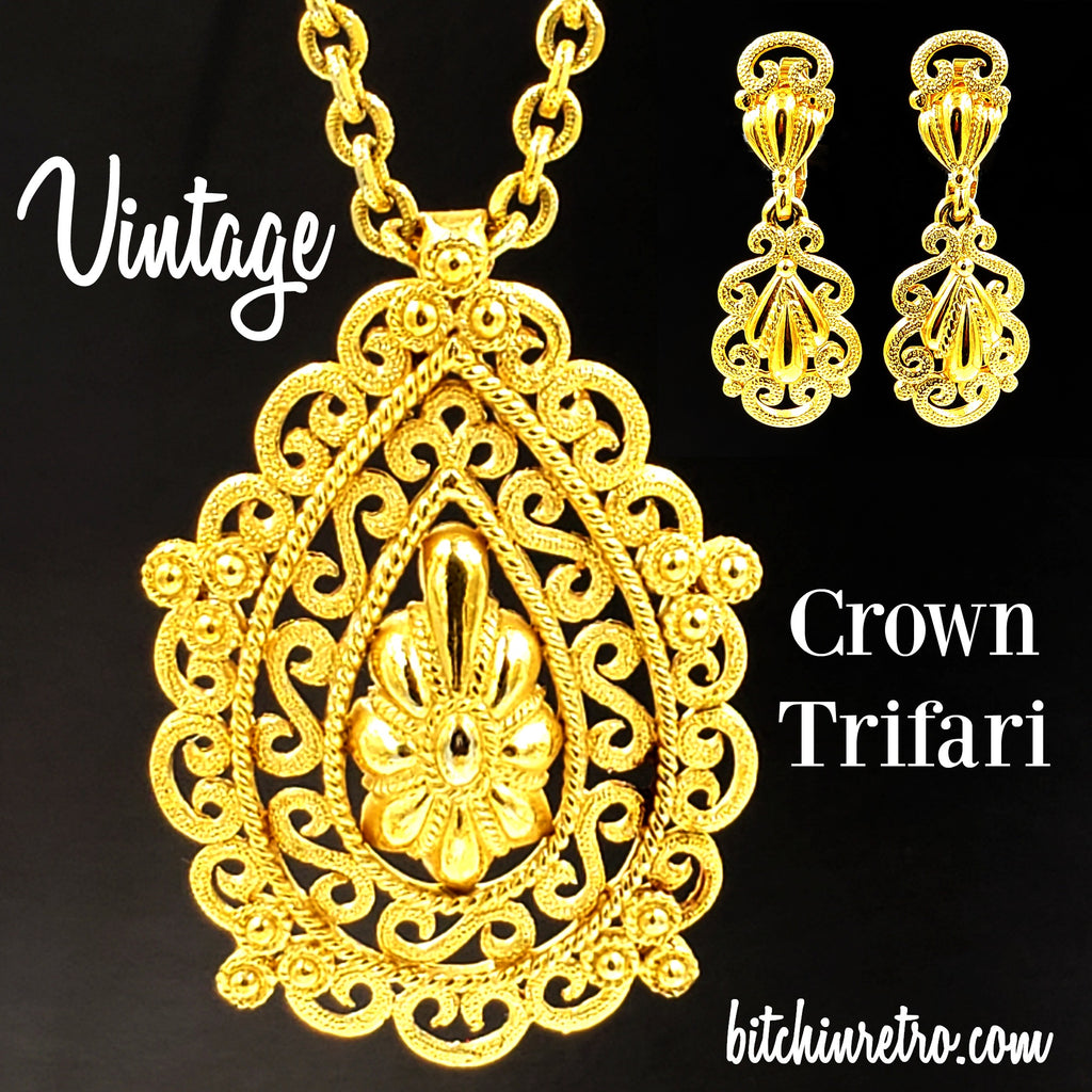 Crown Trifari Vintage Necklace and Earring Set With Filigree Teardrop Design