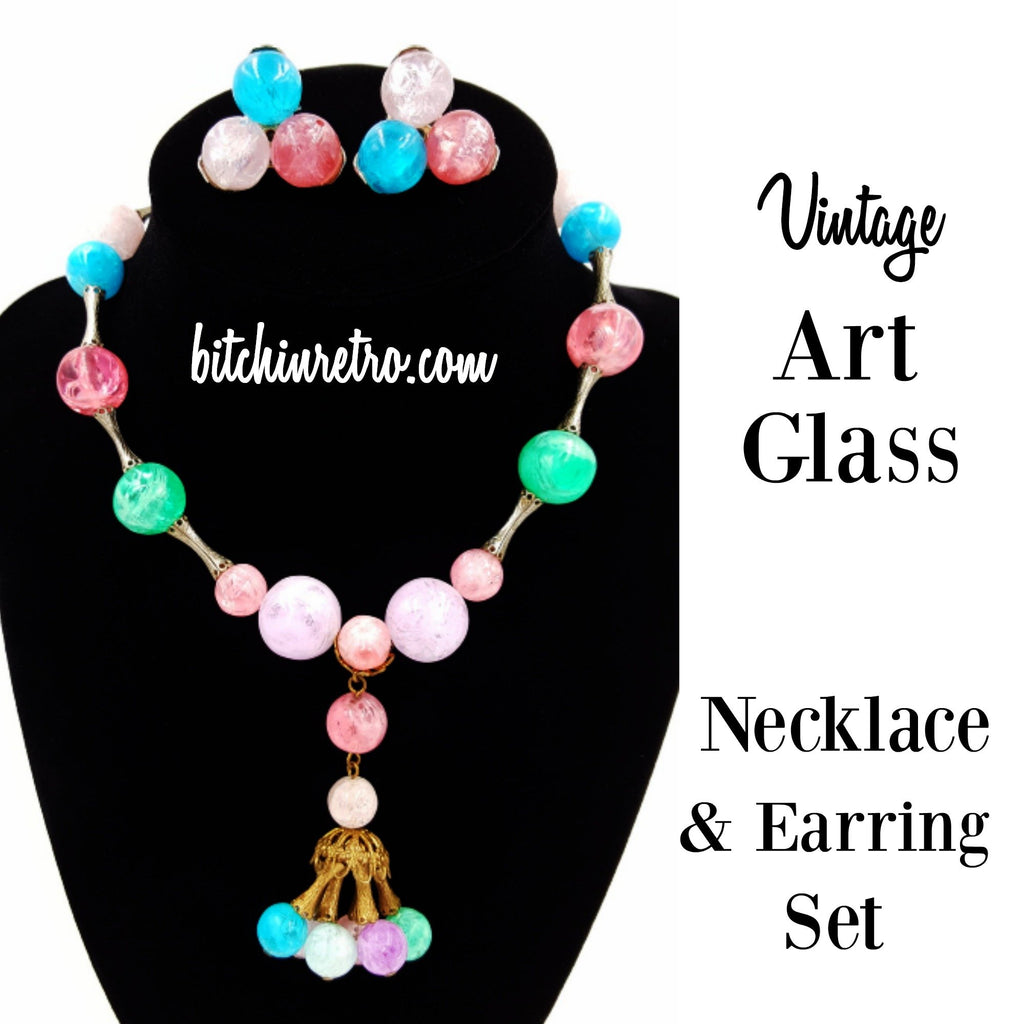 Vintage Art Glass Beaded Necklace and Earring Set at bitchinretro.com