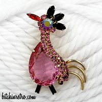 Pink Rhinestone Rooster Vintage Brooch at bitchinretro.com