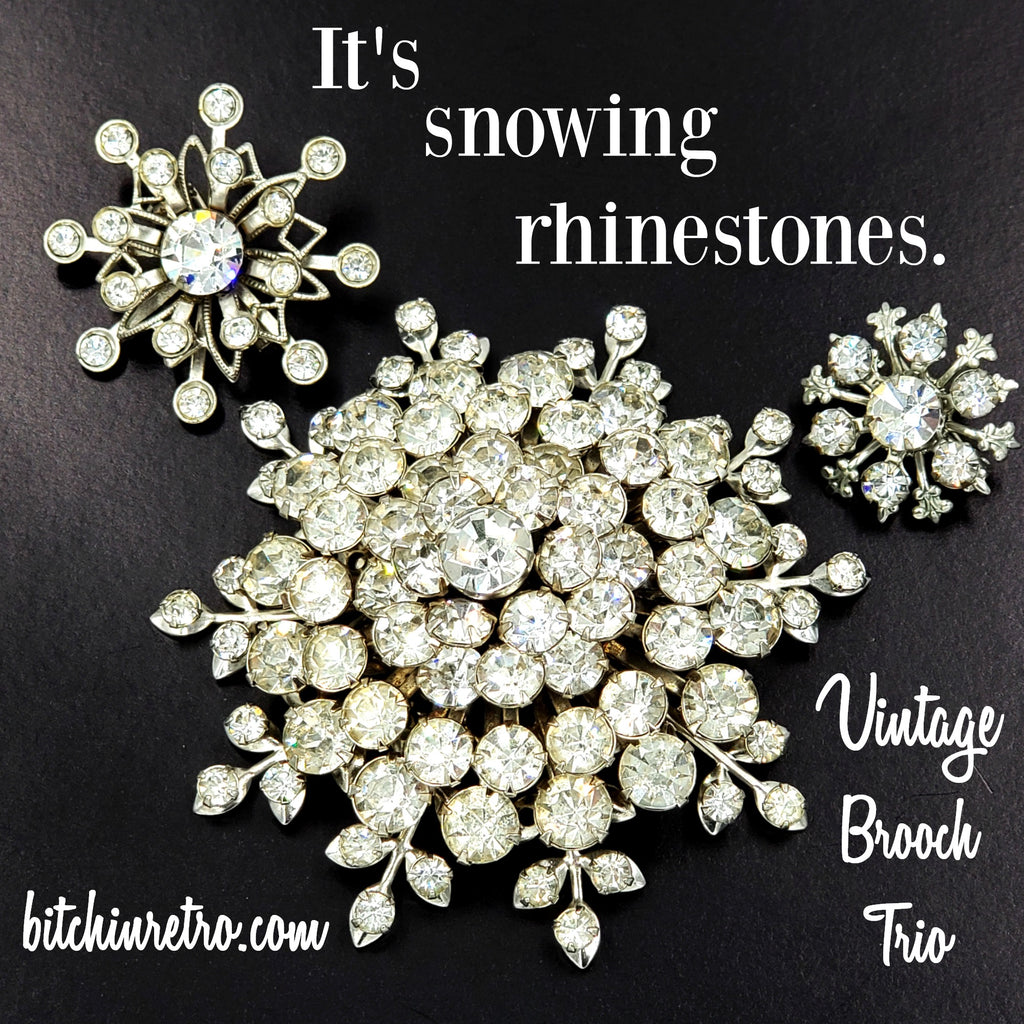 Vintage Rhinestone Snowflake Brooch Trio With Holiday Style