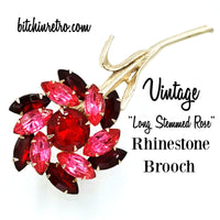 Vintage Long Stemmed Rose Rhinestone Brooch at bitchinretro.com
