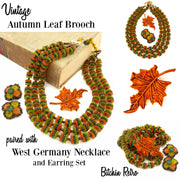 West Germany Beaded Necklace & Earring Set With Fall Leaf Brooch at bitchinretro.com