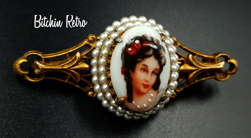 Florenza Limoges Vintage Porcelain Cameo Bar Pin with Hand Painted Florenza Limoges Vintage Porcelain Cameo Bar Pin with Hand Painted