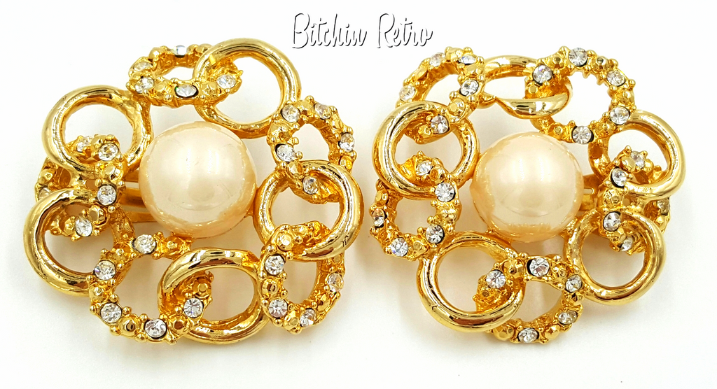 Rhinestone and Pearl Bridal Earrings Intertwined His and Her Rings ...
